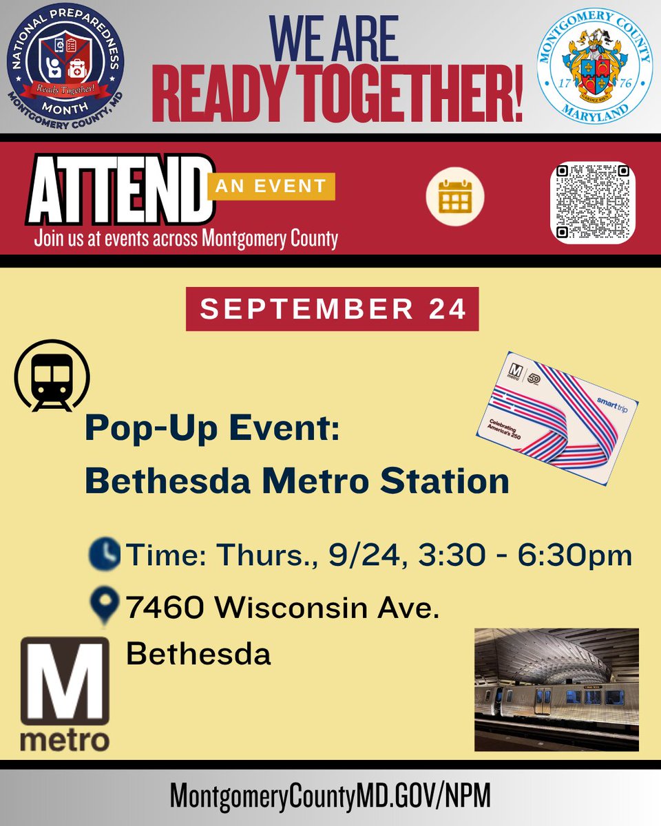 ReadyMontgomery's tweet photo. We're at the Bethesda Metro Station today 9/24 from 3:30-6:30pm. 
Info: https://t.co/oeNspqEsiU
Hoy, 24 de septiembre, estaremos en la estación de metro de Bethesda de 3:30 a 6:30 p. m. https://t.co/bhrlsLopS9