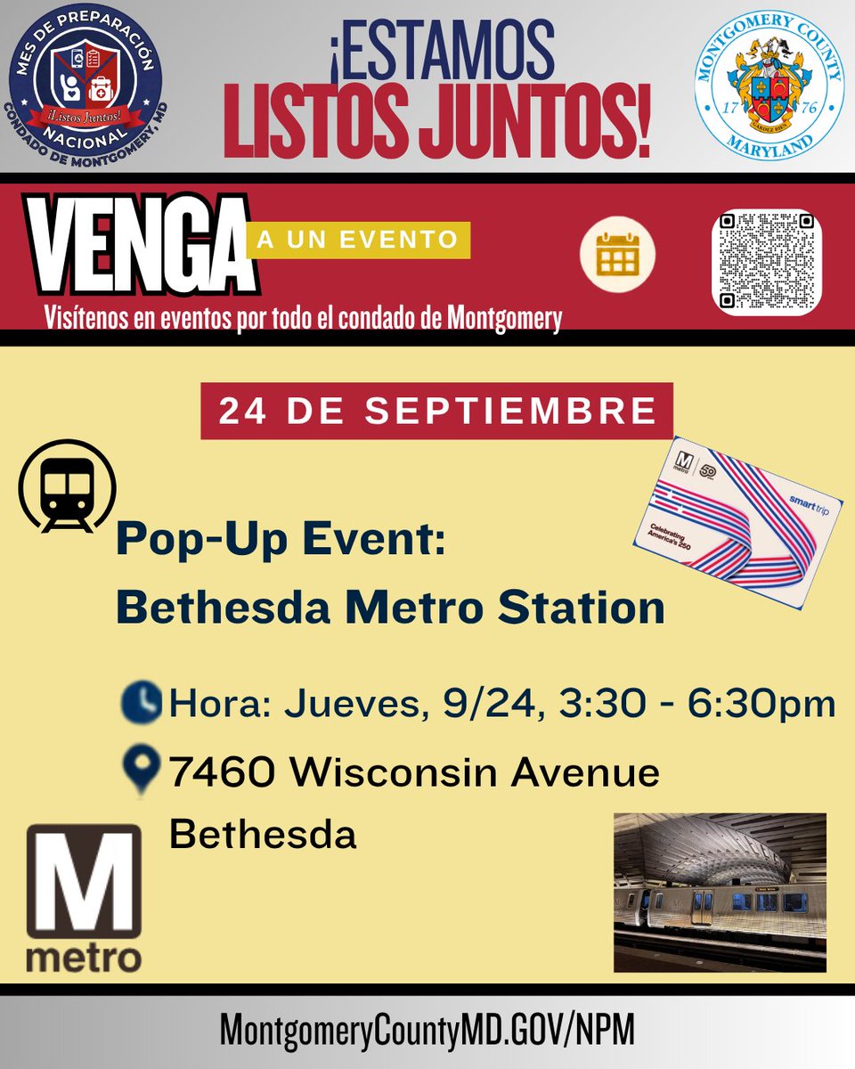ReadyMontgomery's tweet photo. We're at the Bethesda Metro Station today 9/24 from 3:30-6:30pm. 
Info: https://t.co/oeNspqEsiU
Hoy, 24 de septiembre, estaremos en la estación de metro de Bethesda de 3:30 a 6:30 p. m. https://t.co/bhrlsLopS9
