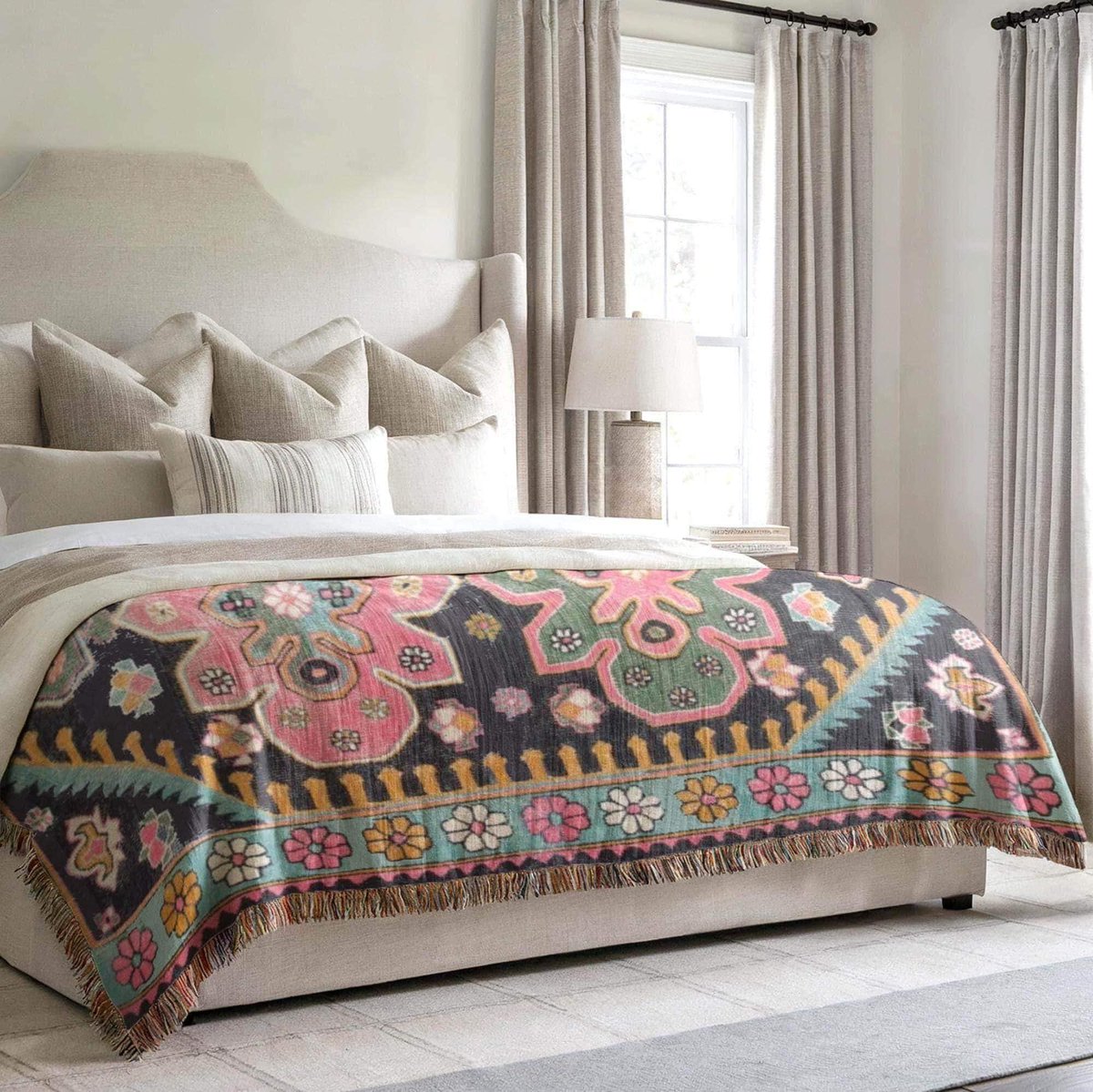 TimelessBohoCo's tweet photo. The Pink Floral Woven Cotton Bed Throw features a Turkish rug-inspired boho design. It is made to order and suitable for home decor or as a gift for various occasions. https://t.co/c17g1FF0IO