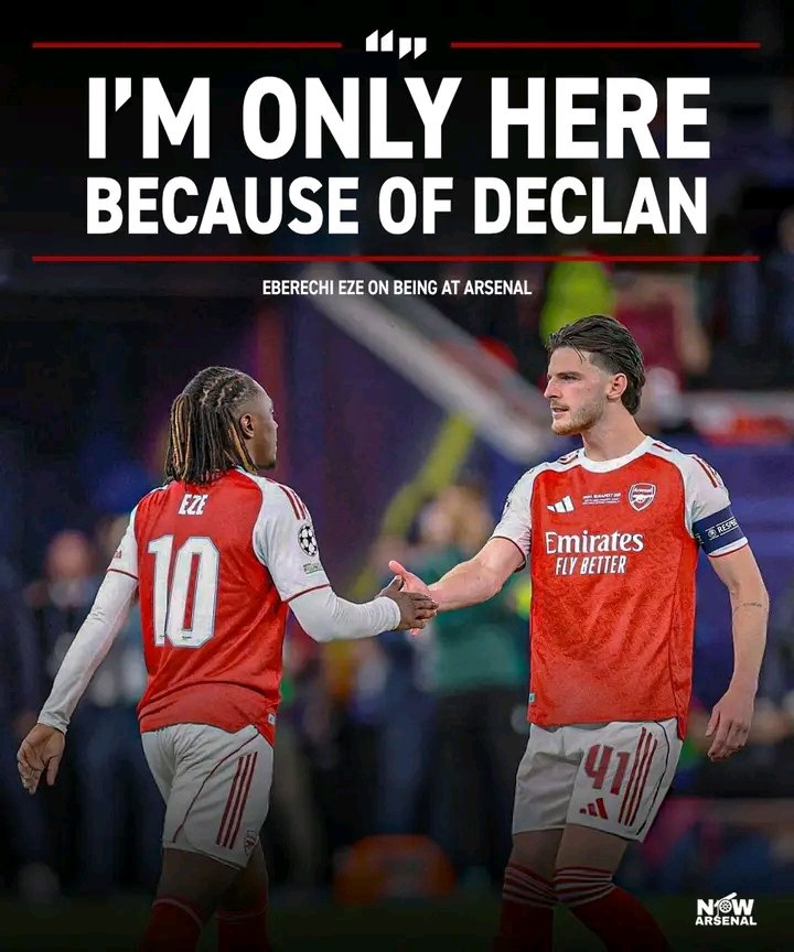 PrinceDavidLen1's tweet photo. 🔥 DECLAN RICE: THE MAN BEHIND EZE’S ARSENAL MOVE! ❤️🤍

With Tottenham pushing hard for Eberechi Eze, Declan Rice stepped in and told his England teammate to contact Mikel Arteta.

One conversation helped open the door for Eze to fulfil his boyhood dream of joining Arsenal. 🥹

🗣️ Eberechi Eze: “I’m only here because Declan told me to just call him.”

THANK YOU, DECLAN RICE! ❤️👏

#Arsenal #Eze #Rice #AFC
