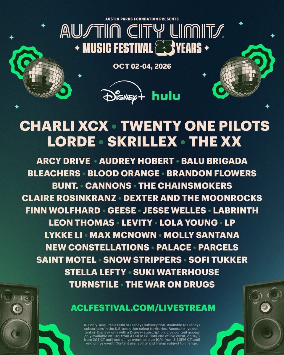 hulu's tweet photo. Your ACL Festival Livestream Lineup is here 🤩

Enjoy ACL Fest 2026 on Disney+ and Hulu October 2-4! Full schedule coming soon. https://t.co/xrlBYHlZLU
