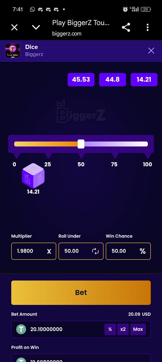Kemat04's tweet photo. Wait… Dice with 100% RTP? 

Had to jump into Touch on @biggerz and see what the hype was about.

100% RTP means there’s no theoretical house edge built into the game. Doesn’t mean every roll is gonna hit 😂 but at least you’re not playing against an extra built-in cut.

A few rolls in and I get why this is interesting.