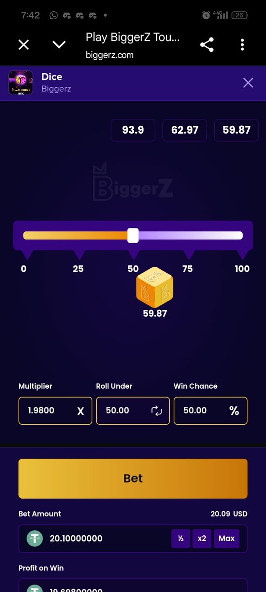 Kemat04's tweet photo. Wait… Dice with 100% RTP? 

Had to jump into Touch on @biggerz and see what the hype was about.

100% RTP means there’s no theoretical house edge built into the game. Doesn’t mean every roll is gonna hit 😂 but at least you’re not playing against an extra built-in cut.

A few rolls in and I get why this is interesting.