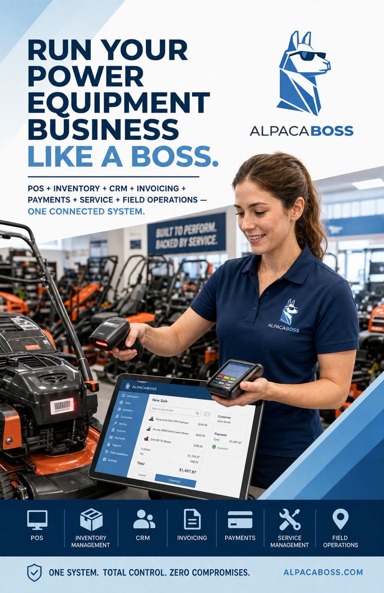 thealpacaboss's tweet photo. Power equipment businesses need more than a POS. They need a system that runs the business. AlpacaBOSS connects POS, inventory, CRM, invoicing, payments, service, and field operations in one powerful platform.
Visit https://t.co/R3E22g1brj today, and book a demo!
#POSSoftware https://t.co/vSYRH1J8bV