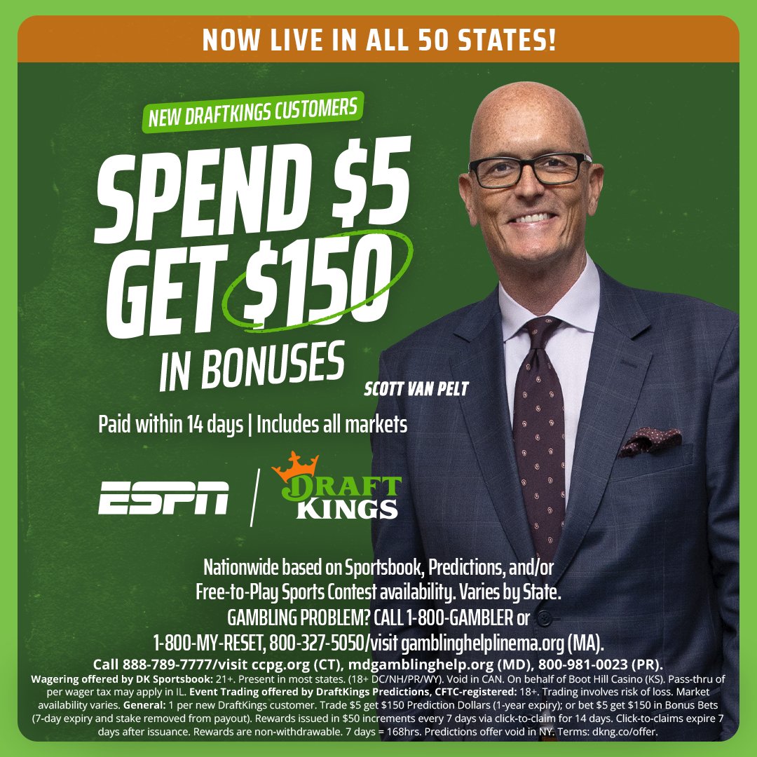 espn's tweet photo. New DraftKings Customers! Football season is here! Spend $5 Get $150 in Bonuses! Now Live in All 50 States! 🏈