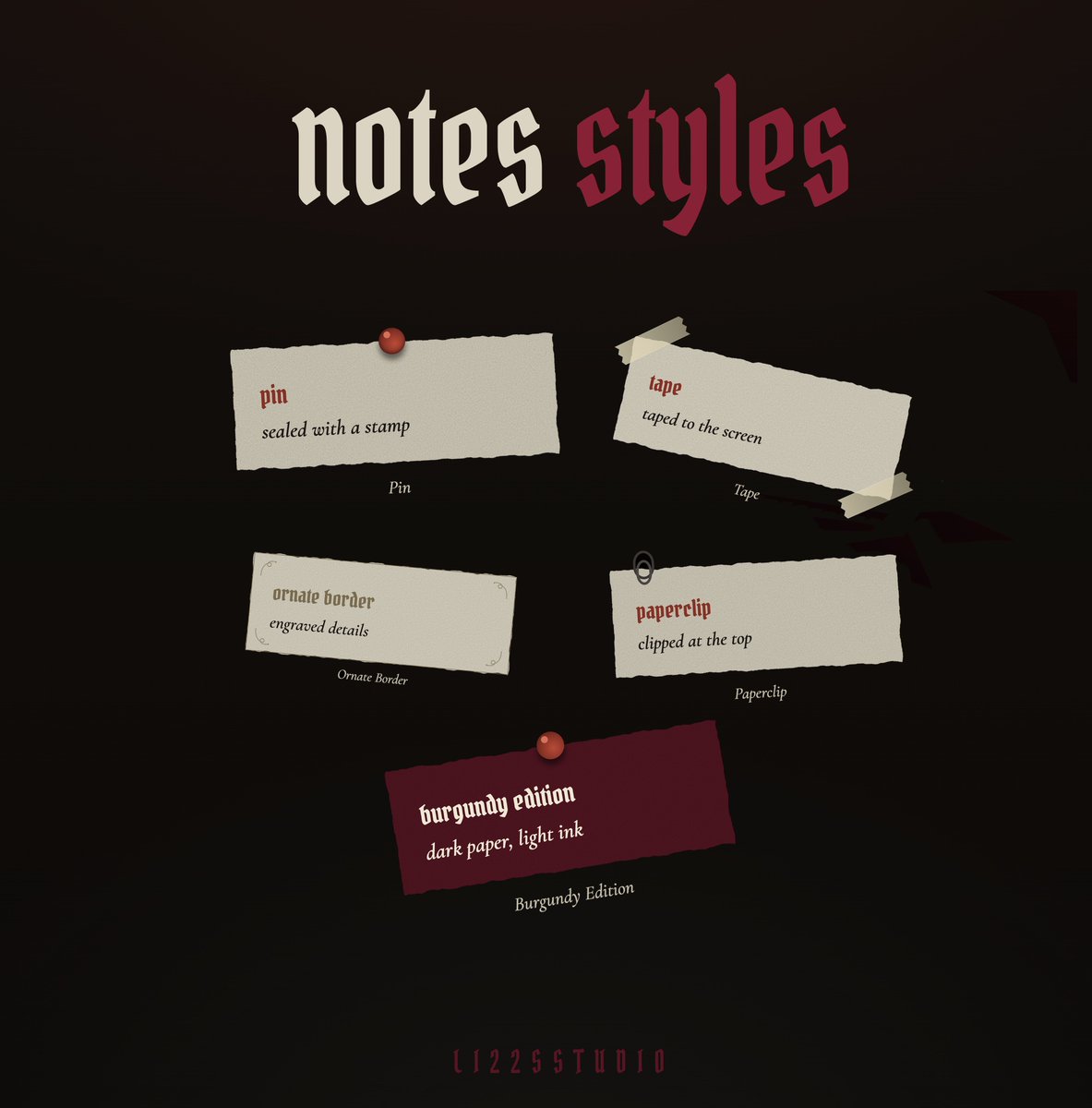 Li22Studio's tweet photo. 🖤 Chat Overlay is live 🖤 
gothic paper-note cards for every message — pin, tape, or paperclip, all handmade in detail. 

customizable, StreamElements-ready  
grab it on Etsy <3

#VTuberAssets #twitchstreamer #Li22Studio https://t.co/U05JZTBMQN