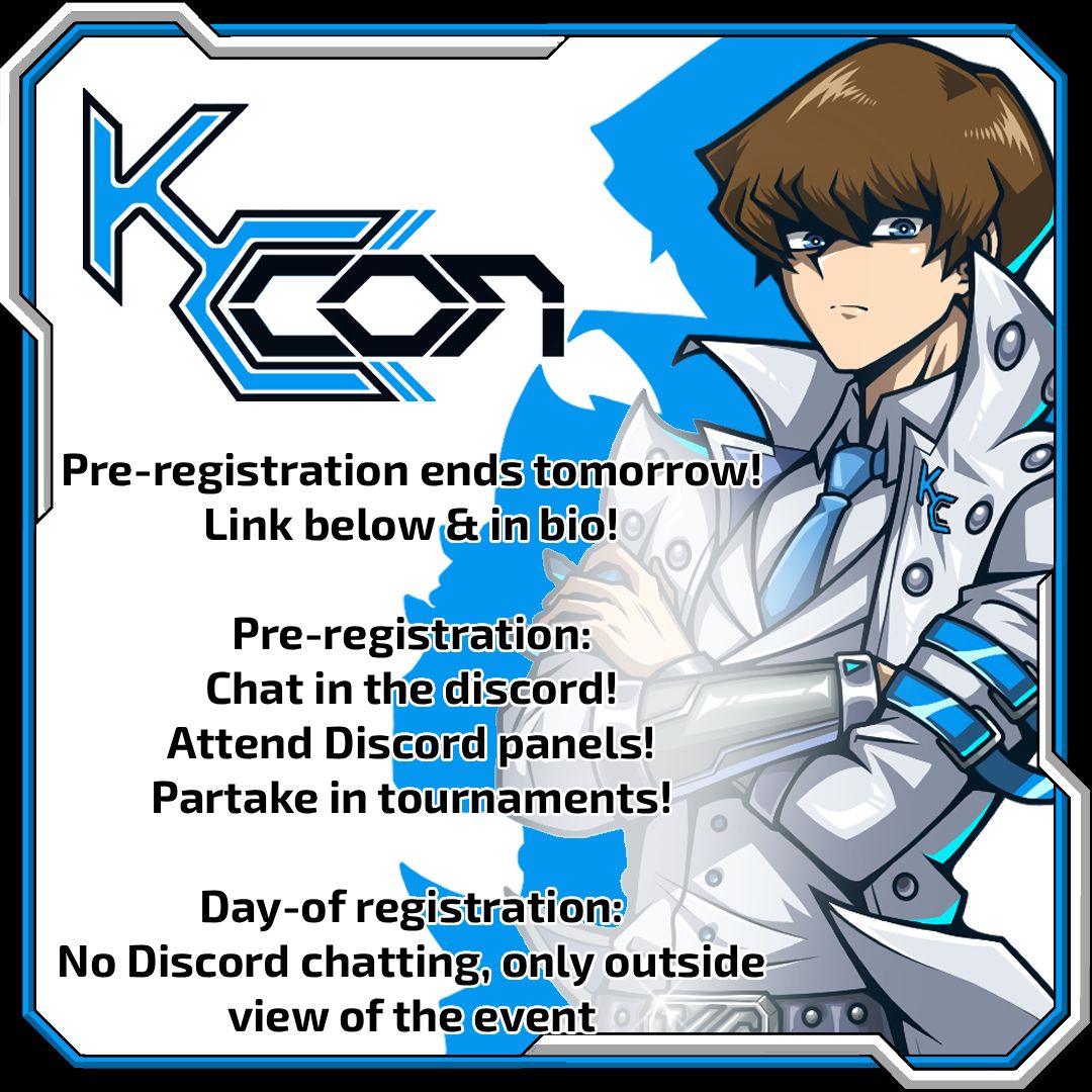 KaibaCorpCon's tweet photo. Duelists, con pre-registration ends tommorow!

If you want access to chat in our Discord, talk to Artist Alley Artists, and partake in TCG Tournaments, then please pre-register on our website! Link below &amp; in bio! 🔗 ⬇️ https://t.co/sm7epnS7V0