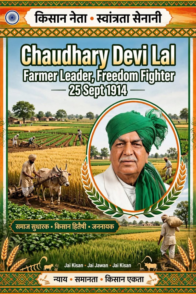 DattaSubi's tweet photo. *Heartfelt Tribute to Chaudhary Devi Lal on his Birth Anniversary — 25 September 1914*

Chaudhary Devi Lal was *Tau of Haryana, Messiah of Farmers and Kingmaker of Indian Politics.*

*Born:* 25 September 1914, Chautala village, Sirsa district (now Haryana) to Chaudhary Lekh Ram. Died: 6 April 2001, New Delhi. Son Om Prakash Chautala, Grandson Ajay Singh Chautala, Dushyant Chautala.

*The Freedom Fighter:*
At age 16, left school and joined freedom struggle. Took part in Non-Cooperation Movement. Jailed for 1 year in 1930. In 1942, joined Quit India Movement — jailed for 2 years. Total *5 years in British jails.*

*The Farmer Leader:*
He always wore white kurta-pyjama and green turban. His slogan — _“Kisan Mazdoor ka Raj.”_ As MLA, MP, and leader, he never lost touch with the fields.

*Political Giant:*
- *Chief Minister of Haryana twice (1977-79, 1987-89)*
- *Deputy Prime Minister of India twice (1989-90 under V P Singh, 1990-91 under Chandra Shekhar)*
- Started *Old Age Pension (Rs 100)* for first time in India — now followed by all states
- Started *free electricity for farmers, loan waiver*

He was called *Tau* (elder uncle) with love and respect by all Haryana.

He formed *Lok Dal* and later was founding father of *Janata Dal.* In 1987, his NYO — _Nyaya Yudh_ rally at Boat Club Delhi with 10 lakh farmers is still remembered.

*Awards:* In 2001, his birth anniversary was celebrated as *Kisan Diwas* by Haryana Govt.

*Message for Students:* From a village boy who left school to a Deputy PM who never forgot his village — he proved power should wear a dhoti, not a suit.

On 25 September, we salute the green turban who gave voice to India's annadata.
