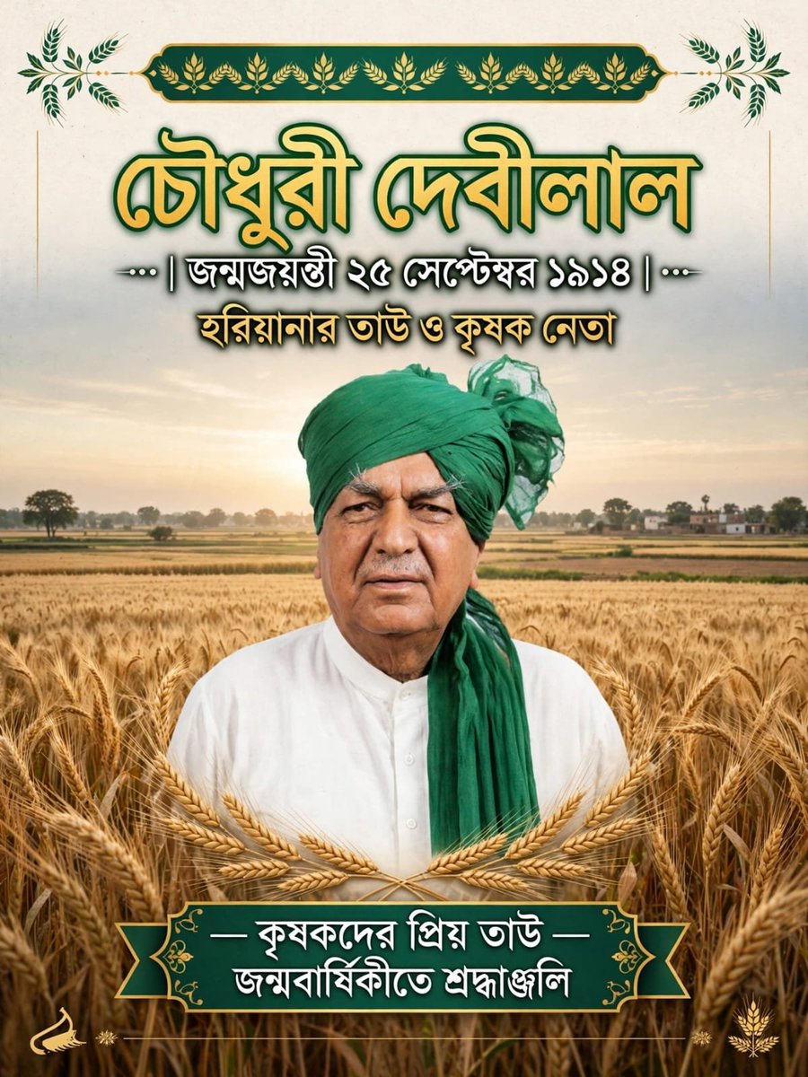 DattaSubi's tweet photo. *Heartfelt Tribute to Chaudhary Devi Lal on his Birth Anniversary — 25 September 1914*

Chaudhary Devi Lal was *Tau of Haryana, Messiah of Farmers and Kingmaker of Indian Politics.*

*Born:* 25 September 1914, Chautala village, Sirsa district (now Haryana) to Chaudhary Lekh Ram. Died: 6 April 2001, New Delhi. Son Om Prakash Chautala, Grandson Ajay Singh Chautala, Dushyant Chautala.

*The Freedom Fighter:*
At age 16, left school and joined freedom struggle. Took part in Non-Cooperation Movement. Jailed for 1 year in 1930. In 1942, joined Quit India Movement — jailed for 2 years. Total *5 years in British jails.*

*The Farmer Leader:*
He always wore white kurta-pyjama and green turban. His slogan — _“Kisan Mazdoor ka Raj.”_ As MLA, MP, and leader, he never lost touch with the fields.

*Political Giant:*
- *Chief Minister of Haryana twice (1977-79, 1987-89)*
- *Deputy Prime Minister of India twice (1989-90 under V P Singh, 1990-91 under Chandra Shekhar)*
- Started *Old Age Pension (Rs 100)* for first time in India — now followed by all states
- Started *free electricity for farmers, loan waiver*

He was called *Tau* (elder uncle) with love and respect by all Haryana.

He formed *Lok Dal* and later was founding father of *Janata Dal.* In 1987, his NYO — _Nyaya Yudh_ rally at Boat Club Delhi with 10 lakh farmers is still remembered.

*Awards:* In 2001, his birth anniversary was celebrated as *Kisan Diwas* by Haryana Govt.

*Message for Students:* From a village boy who left school to a Deputy PM who never forgot his village — he proved power should wear a dhoti, not a suit.

On 25 September, we salute the green turban who gave voice to India's annadata.