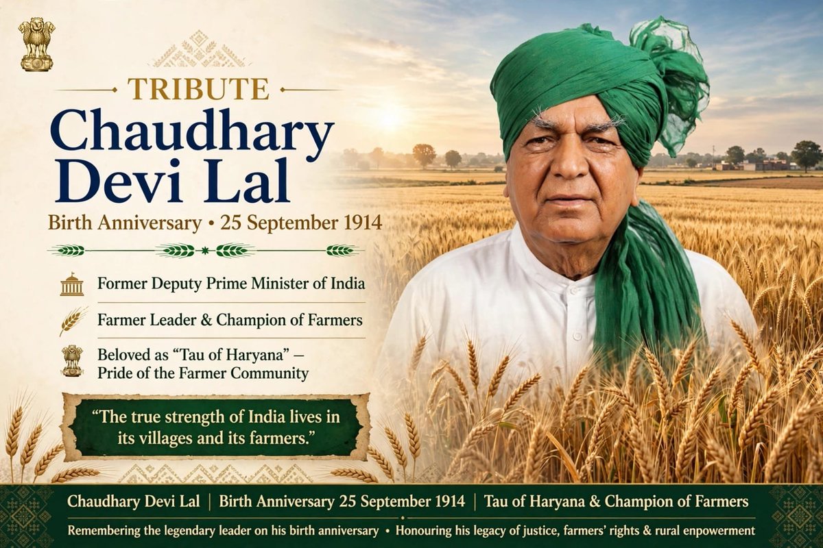 DattaSubi's tweet photo. *Heartfelt Tribute to Chaudhary Devi Lal on his Birth Anniversary — 25 September 1914*

Chaudhary Devi Lal was *Tau of Haryana, Messiah of Farmers and Kingmaker of Indian Politics.*

*Born:* 25 September 1914, Chautala village, Sirsa district (now Haryana) to Chaudhary Lekh Ram. Died: 6 April 2001, New Delhi. Son Om Prakash Chautala, Grandson Ajay Singh Chautala, Dushyant Chautala.

*The Freedom Fighter:*
At age 16, left school and joined freedom struggle. Took part in Non-Cooperation Movement. Jailed for 1 year in 1930. In 1942, joined Quit India Movement — jailed for 2 years. Total *5 years in British jails.*

*The Farmer Leader:*
He always wore white kurta-pyjama and green turban. His slogan — _“Kisan Mazdoor ka Raj.”_ As MLA, MP, and leader, he never lost touch with the fields.

*Political Giant:*
- *Chief Minister of Haryana twice (1977-79, 1987-89)*
- *Deputy Prime Minister of India twice (1989-90 under V P Singh, 1990-91 under Chandra Shekhar)*
- Started *Old Age Pension (Rs 100)* for first time in India — now followed by all states
- Started *free electricity for farmers, loan waiver*

He was called *Tau* (elder uncle) with love and respect by all Haryana.

He formed *Lok Dal* and later was founding father of *Janata Dal.* In 1987, his NYO — _Nyaya Yudh_ rally at Boat Club Delhi with 10 lakh farmers is still remembered.

*Awards:* In 2001, his birth anniversary was celebrated as *Kisan Diwas* by Haryana Govt.

*Message for Students:* From a village boy who left school to a Deputy PM who never forgot his village — he proved power should wear a dhoti, not a suit.

On 25 September, we salute the green turban who gave voice to India's annadata.