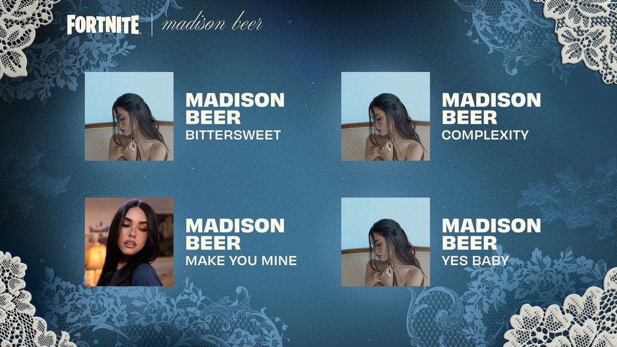 codepcpy's tweet photo. Canciones de Madison Beer que llegan esta noche en la tienda de Fortnite. 

- Bittersweet
- Complexity
- Make you mine
- Yes baby https://t.co/RKcm5lqojD