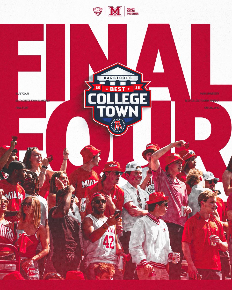 MiamiOHFootball's tweet photo. 𝐓𝐡𝐞 𝐁𝐄𝐒𝐓 𝐜𝐨𝐥𝐥𝐞𝐠𝐞 𝐭𝐨𝐰𝐧 𝐢𝐧 𝐀𝐦𝐞𝐫𝐢𝐜𝐚 🇺🇸 

Oxford is in the FINAL FOUR of the Barstool Best College Town in America‼️

#RiseUpRedHawks | 🎓🏆 https://t.co/6YrYVSzuxV