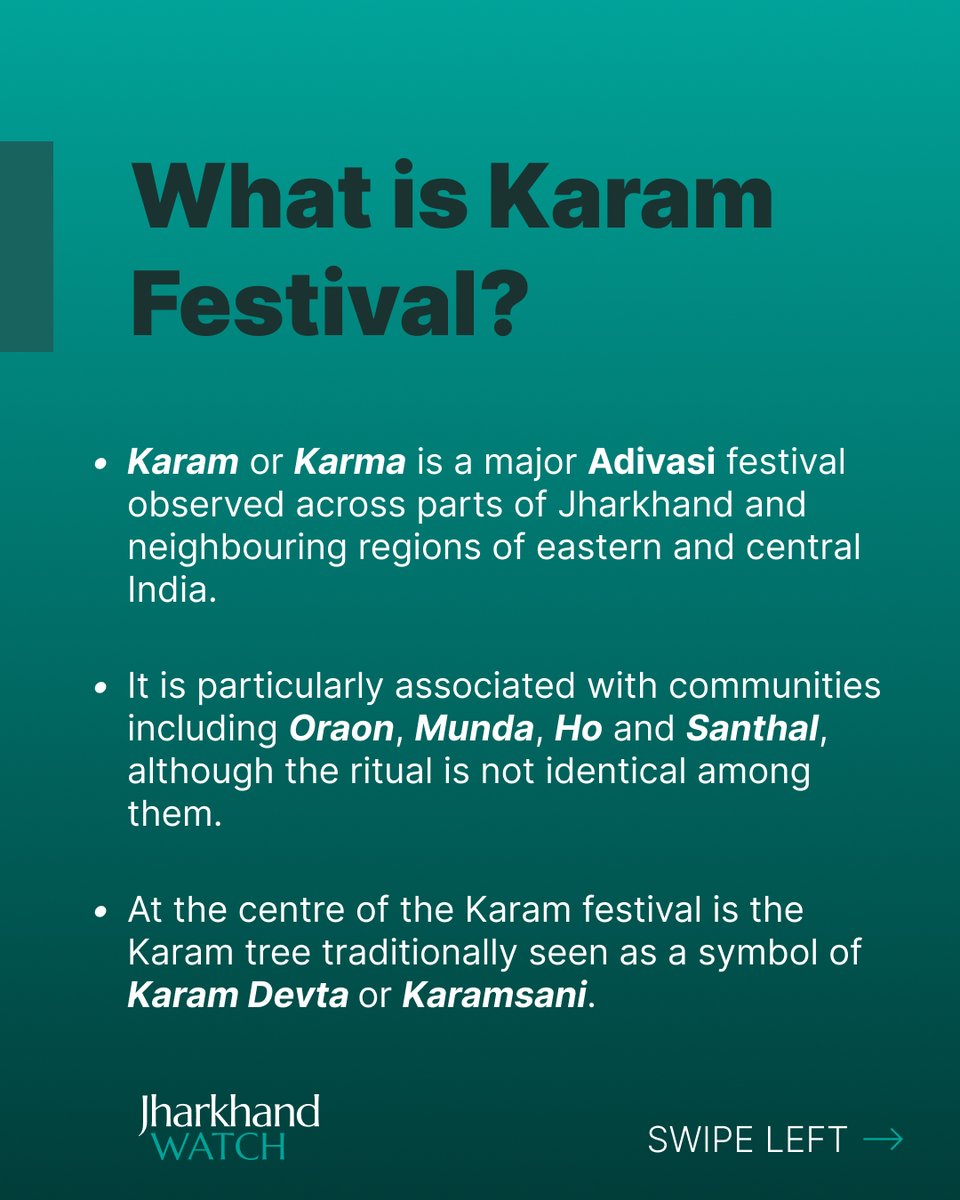 jharwatch's tweet photo. For communities such as the Oraons, Mundas, Santals and Ho, Karam is closely connected with community life, agriculture, cultural memory and relationships with the natural world.

The festival is not simply about a religious ritual. https://t.co/W3ZmvyV6np