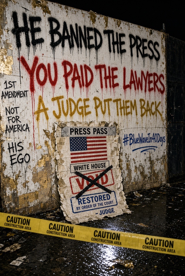 mjfree's tweet photo. Trump kicked CNN, Politico, and MS NOW out of the White House because he did not like their coverage.

They refused to flatter him, so he called it FAKE NEWS.

The news orgs sued and a judge quickly ordered the press back because Desperate Don's ban shit all over our Constitution.

This morning, the White House ignored the order anyway.

That is corruption. 
That is a huge step toward fascism. 

That is a president wiping filthy asshole with our precious First Amendment.

It's time to put an end to the madness with a massive #BlueWaveIn40Days