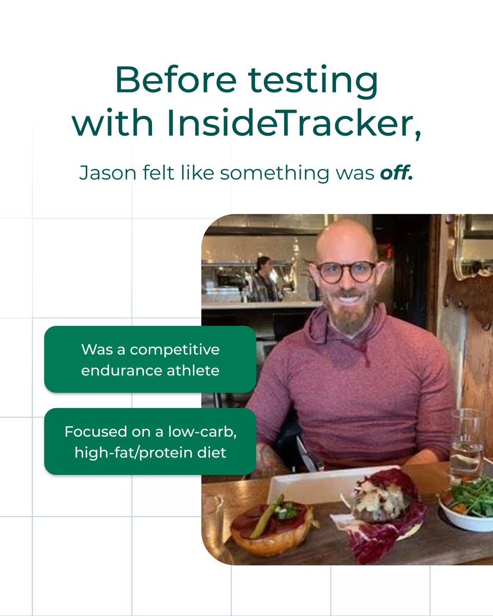 InsideTracker's tweet photo. Despite eating a clean, low-carb diet, athlete Jason was battling fatigue &amp;# brainfog.

His results revealed the hidden culprits. By acting on his custom recommendations, he improved biomarkers &amp; lost weight.

What is your body trying to tell you?
🔗https://t.co/Y4bIzJBVTj. https://t.co/fXJSansmTG