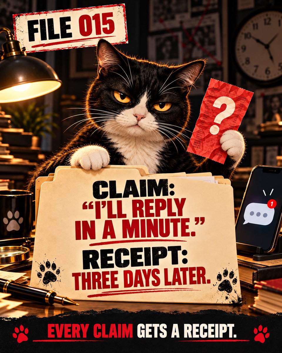 CatHasReceipts's tweet photo. CLAIM: “I’ll reply in a minute.”

RECEIPT: Three days later. The message is still unread. 🐈‍⬛🧾

Every claim gets a receipt. https://t.co/HGlB7So3cd