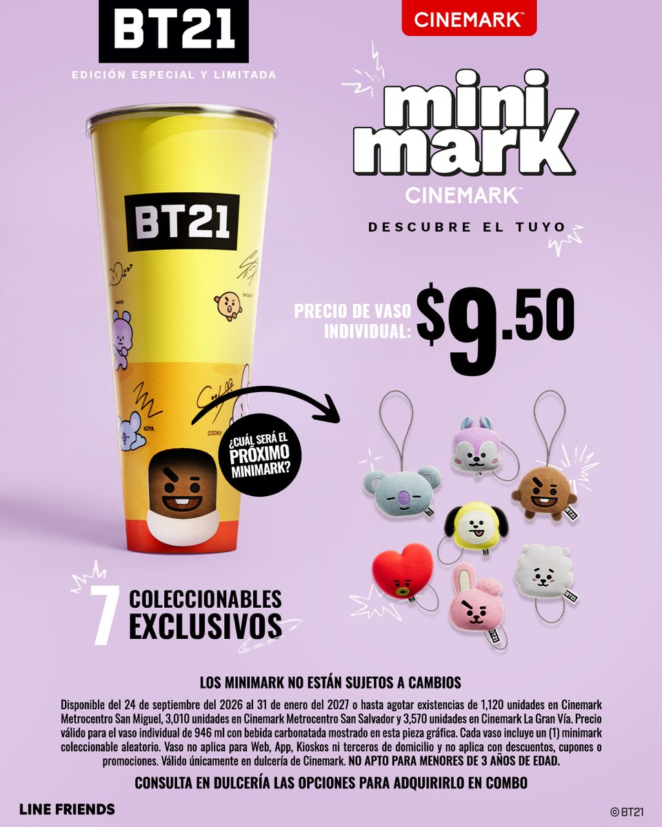 CinemarkSV's tweet photo. 💜 ¡UNISTARS, llegó el momento! Los Minimark BT21 ya están en Cinemark con 7 coleccionables exclusivos: KOYA, RJ, SHOOKY, MANG, CHIMMY, TATA & COOKY. ✨
Una edición especial, limitada y oficial... 🫰
#BT21 #MINIMARK #UNIVERSTAR #KOYA #RJ #SHOOKY #MANG #CHIMMY #TATA #COOKY 💜 https://t.co/Spz7y7tk06
