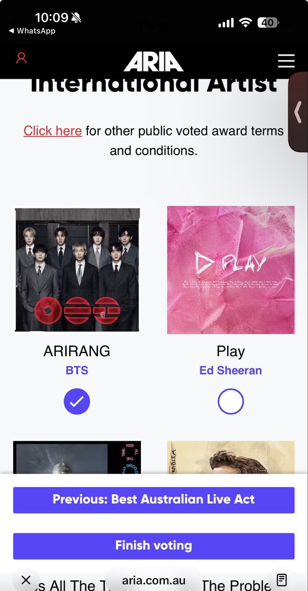 uarmjjk's tweet photo. BTS got nominated for 'most popular international artist' at the 2026 @ARIA_Official awards! 

you can vote daily on https://t.co/anefYddlC8 or directly on the spotify by searching ARIA Awards https://t.co/SFV4HHbD3E