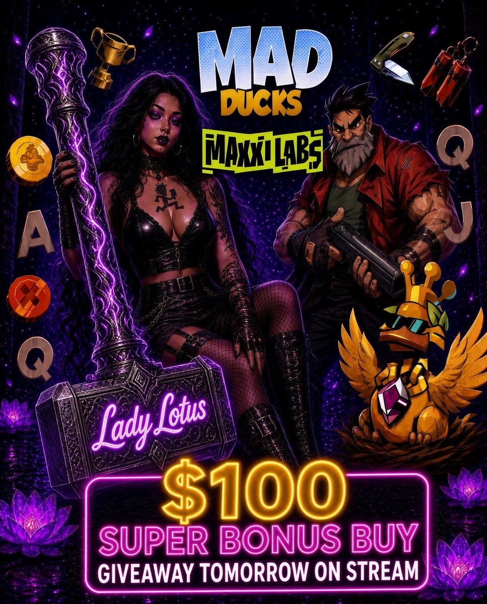 LadyLotusKick's tweet photo. SUPER BONUS BUY GIVEAWAY LIVE TOMORROW!!!! 
$100 Super Bonus Buy sponsored by @maxxilabs on Mad Ducks!!!  I will draw the winner during stream tomorrow!  YOU MUST Follow me AND @maxxilabs here on X, Retweet, Tag 2 People and post Stake Id in replies to win. Good Luck! https://t.co/MttXOSfrGn  @stake @Stake_Angels @kick @kickcommunity @KickPartner @Club