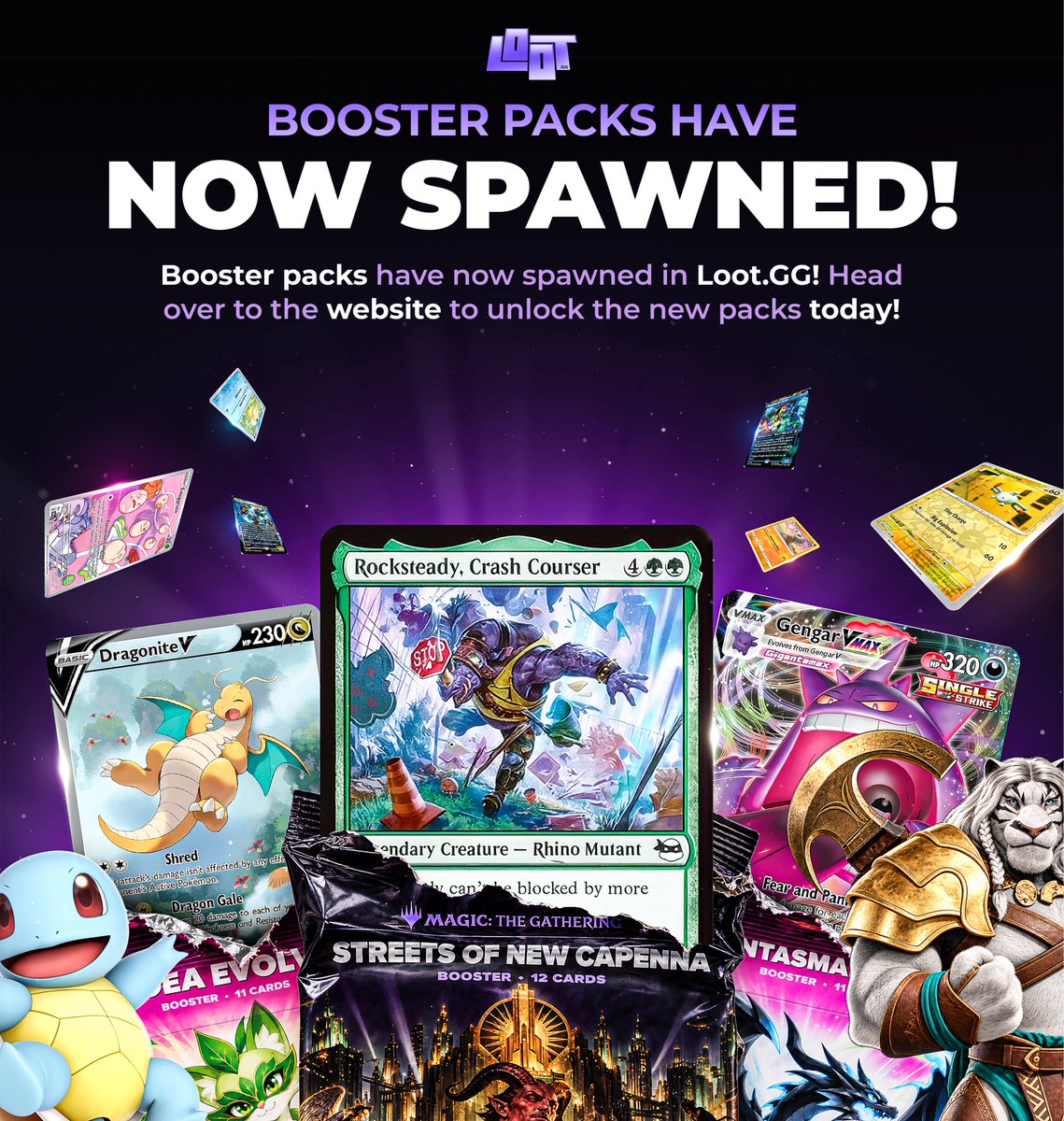 lootdotgg's tweet photo. 🔍 COLLECTING JUST GOT CRAZY 

We've brought something new to https://t.co/xYJM67hOZ8 : Boosters.
A new way to build your collection of loot!

💼 Pokemon &amp; MTG Packs
📦 Original, retail-format booster packs
💸 Prices that beat the retail cost you pay today https://t.co/qkt1I0BFbo