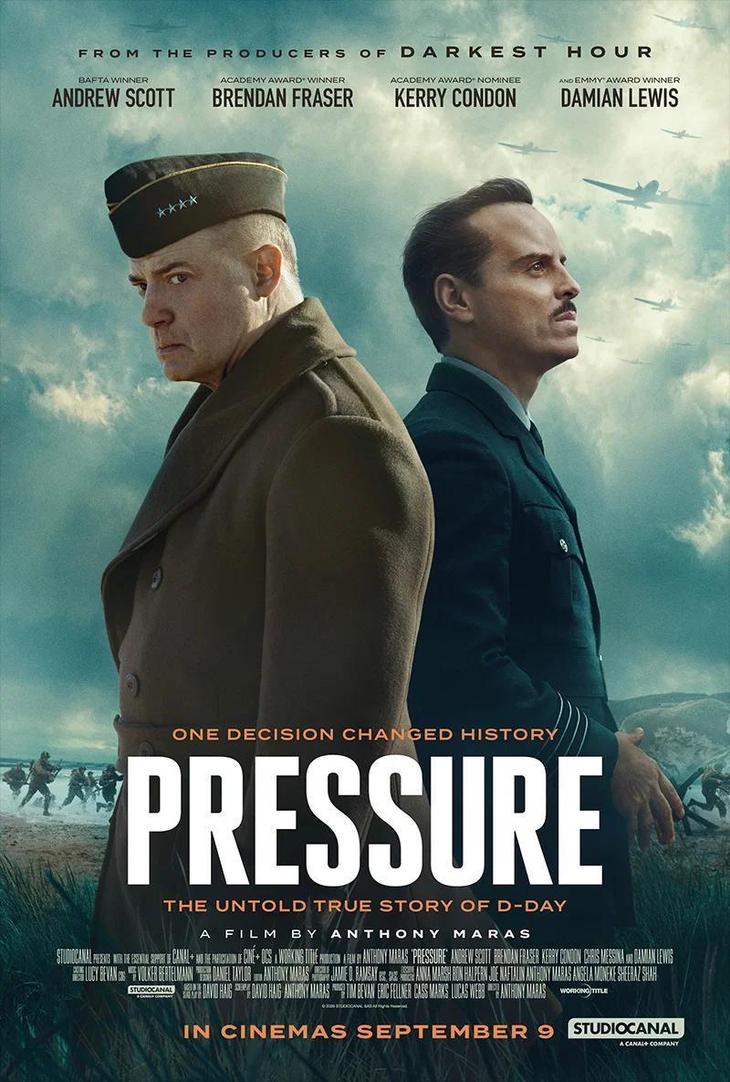 CinePostal's tweet photo. 🌧️ ¿Puede un pronóstico meteorológico decidir una guerra? Tiempo de victoria (Reino Unido, 2026) recrea las 72 horas previas al Día D. Andrew Scott y Brendan Fraser protagonizan este thriller de Anthony Maras. 🎬⚔️ #Pressure #CinepopOfficial #cinepostal #art #movies #peliculas https://t.co/0bA8om0LK2