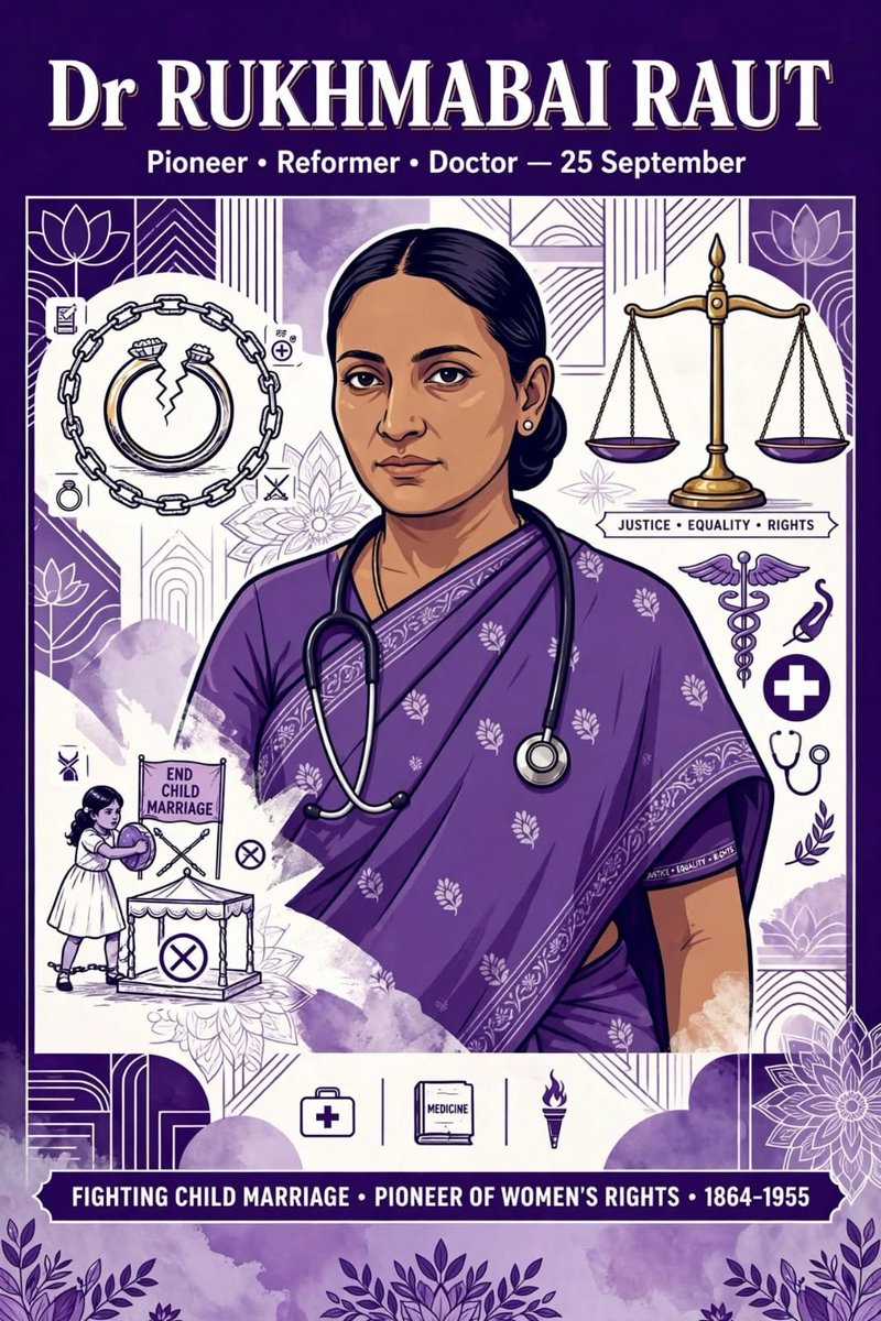 DattaSubi's tweet photo. *Heartfelt Tribute to Dr. Rukhmabai Raut on her Death Anniversary — 25 September 1955*

Dr. Rukhmabai Raut was *India's First Practising Woman Doctor* and one of India's first feminists who fought against child marriage.

*Born:* 22 November 1864, Bombay. Died: 25 September 1955, Bombay — aged 90.

*Child Marriage & Courage:*
Married at age 11 to 19-year-old Janardhan Sakharam Arxikar. She refused to go to her husband's house and continued studying. Her husband filed a case against her in 1884 — the famous *Rukhmabai Case.* The British court ordered her to live with her husband or go to jail.

She boldly wrote: _“I would rather go to jail than obey the order.”_

Her case shook India. Bal Gangadhar Tilak opposed her, but reformers like Behramji Malabari and Justice Ranade supported her. The case led to the *Age of Consent Act, 1891* — raising marriage age from 10 to 12 years.

The case was settled when her husband accepted Rs. 2000 and she was free.

*The Doctor:*
With help from Dr. Edith Pechey and social reformers, she went to *London School of Medicine for Women in 1889.* In 1894, she returned as Doctor of Medicine — *first Indian woman to practise medicine.*

She became Chief Medical Officer at *Cama Hospital, Bombay* for 35 years. She also founded a sanatorium at Rajkot.

She published a powerful feminist book _Purdah — the need for its abolition._

*Legacy:* Google honoured her with a Doodle on 22 Nov 2017. She proved that education is the best weapon against patriarchy.

*Message for Students:* At 11 she was forced into marriage, at 30 she became a doctor from London. She taught us — never accept injustice as fate.

On 25 September, we salute the brave girl who fought for every Indian girl's right.