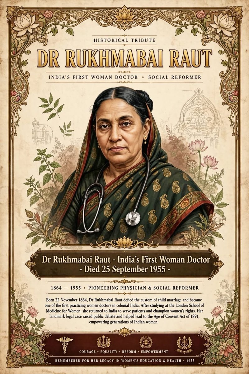 DattaSubi's tweet photo. *Heartfelt Tribute to Dr. Rukhmabai Raut on her Death Anniversary — 25 September 1955*

Dr. Rukhmabai Raut was *India's First Practising Woman Doctor* and one of India's first feminists who fought against child marriage.

*Born:* 22 November 1864, Bombay. Died: 25 September 1955, Bombay — aged 90.

*Child Marriage & Courage:*
Married at age 11 to 19-year-old Janardhan Sakharam Arxikar. She refused to go to her husband's house and continued studying. Her husband filed a case against her in 1884 — the famous *Rukhmabai Case.* The British court ordered her to live with her husband or go to jail.

She boldly wrote: _“I would rather go to jail than obey the order.”_

Her case shook India. Bal Gangadhar Tilak opposed her, but reformers like Behramji Malabari and Justice Ranade supported her. The case led to the *Age of Consent Act, 1891* — raising marriage age from 10 to 12 years.

The case was settled when her husband accepted Rs. 2000 and she was free.

*The Doctor:*
With help from Dr. Edith Pechey and social reformers, she went to *London School of Medicine for Women in 1889.* In 1894, she returned as Doctor of Medicine — *first Indian woman to practise medicine.*

She became Chief Medical Officer at *Cama Hospital, Bombay* for 35 years. She also founded a sanatorium at Rajkot.

She published a powerful feminist book _Purdah — the need for its abolition._

*Legacy:* Google honoured her with a Doodle on 22 Nov 2017. She proved that education is the best weapon against patriarchy.

*Message for Students:* At 11 she was forced into marriage, at 30 she became a doctor from London. She taught us — never accept injustice as fate.

On 25 September, we salute the brave girl who fought for every Indian girl's right.