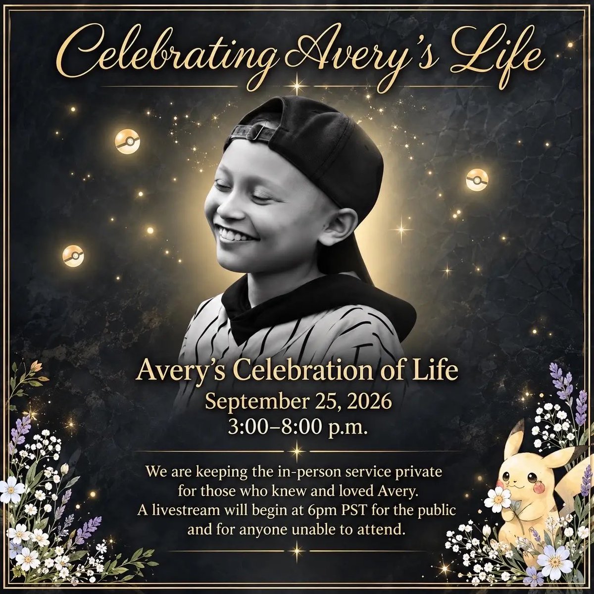getm0ney's tweet photo. Avery’s Celebration of Life will be held tomorrow, September 25. 🤍

The service will be private, but a public livestream will begin at 6 PM PST for everyone who wants to remember Avery and honor his life from afar. 🕊️💛 https://t.co/XYkCSHv1Wj
