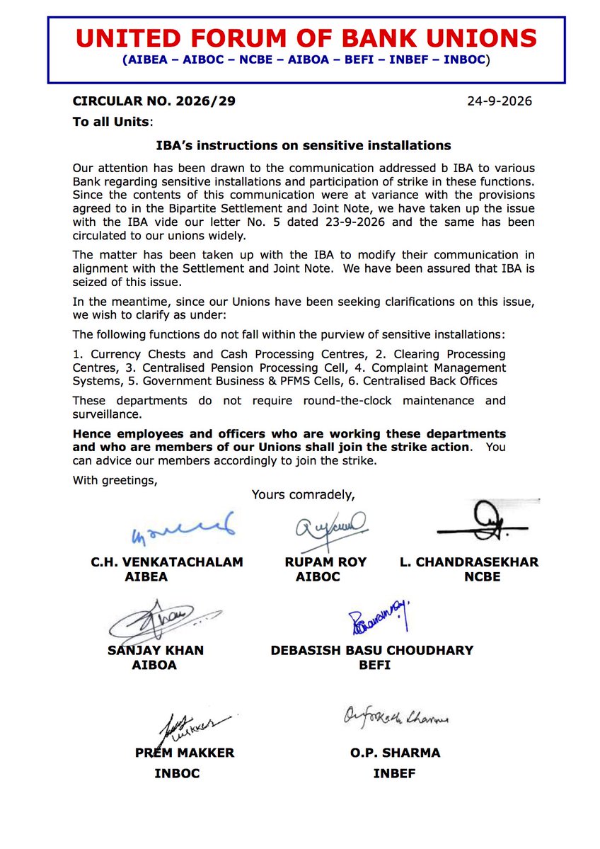 5dayswalaBanker's tweet photo. UFBU clarification on Sensitive positions As agreed upon in Bipartite/Joint Note settlement.

#5daybankingnow 
#Bankstrike https://t.co/IBfYCZcp7b