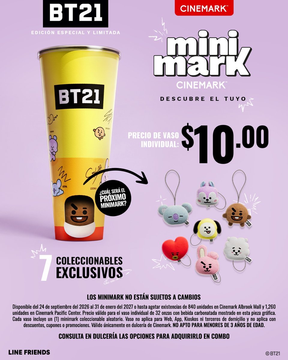 CinemarkPA's tweet photo. 💜 ¡UNISTARS, llegó el momento! Los Minimark BT21 ya están en Cinemark con 7 coleccionables exclusivos: KOYA, RJ, SHOOKY, MANG, CHIMMY, TATA & COOKY. ✨
Una edición especial, limitada y oficial... 🫰
#BT21 #MINIMARK #UNIVERSTAR #KOYA #RJ #SHOOKY #MANG #CHIMMY #TATA #COOKY 💜 https://t.co/UeVx3VPfZt