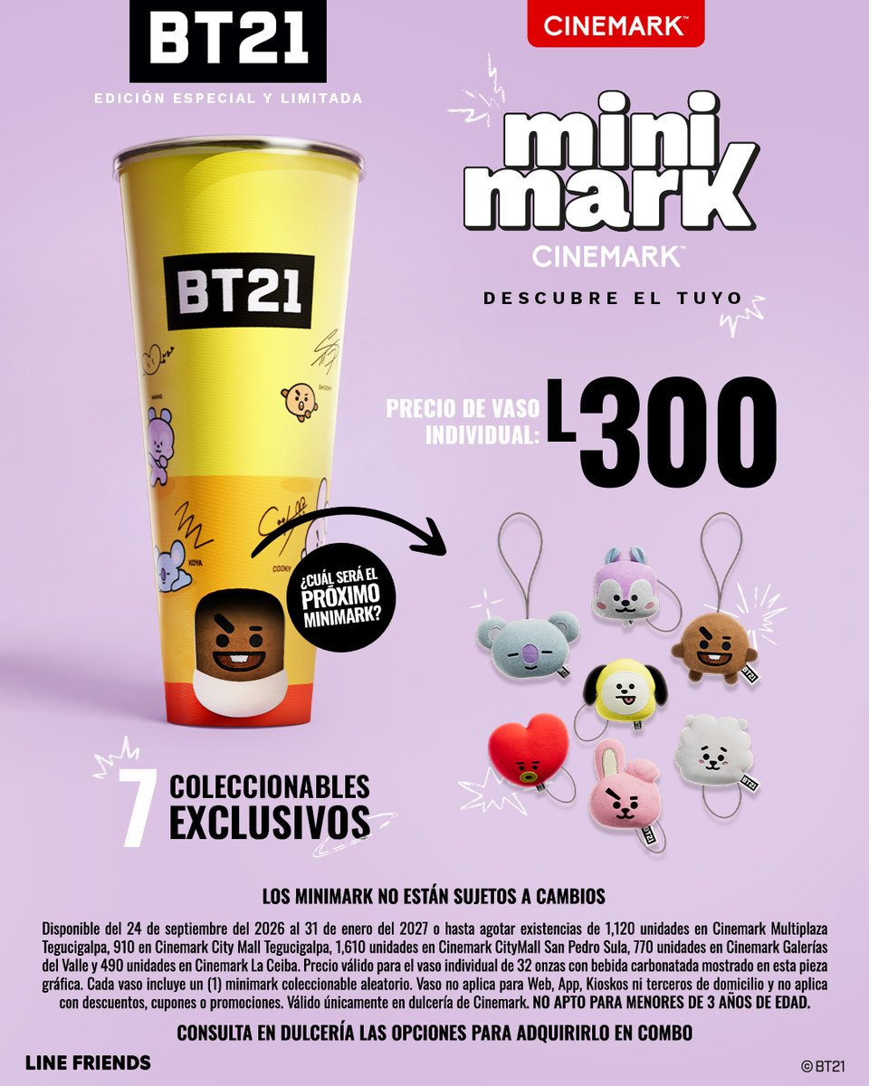 cinemarkhn's tweet photo. 💜 ¡UNISTARS, llegó el momento! Los Minimark BT21 ya están en Cinemark con 7 coleccionables exclusivos: KOYA, RJ, SHOOKY, MANG, CHIMMY, TATA & COOKY. ✨
Una edición especial, limitada y oficial... 🫰
#BT21 #MINIMARK #UNIVERSTAR #KOYA #RJ #SHOOKY #MANG #CHIMMY #TATA #COOKY 💜 https://t.co/hzzmSOKgs8