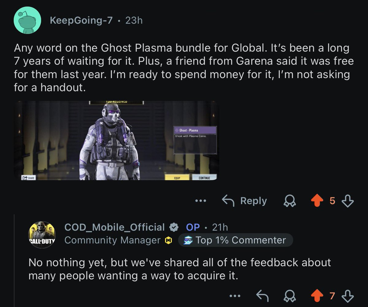 harry_veron's tweet photo. @PlayCODMobile finally acknowledged that many players want a way to acquire the Ghost - Plasma Bundle. Global has waited years. We are not asking for free items, we are ready to buy it. We just need equal access in the store. Keep speaking up! 💀💜

#CODMobile #CODMCommunity https://t.co/qgYEnqZIex
