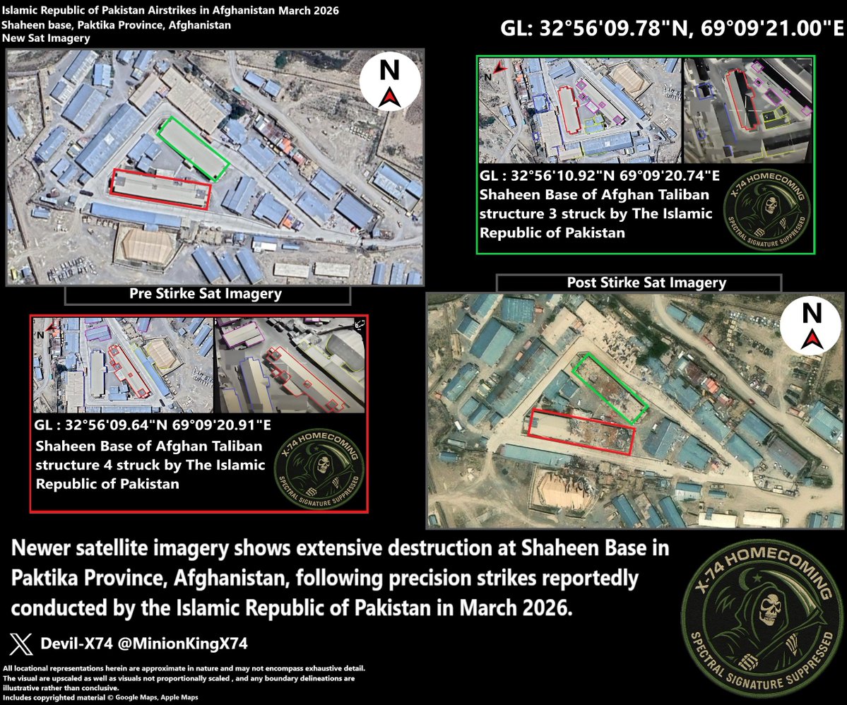 MinionKingX74's tweet photo. Post strike satellite imagery of Shaheen Base, Paktika, Afghanistan, reveals further evidence of extensive structural destruction following the March 2026 strikes. 
GL: 32°56'09.78"N, 69°09'21.00"E https://t.co/EQcMta2ha2