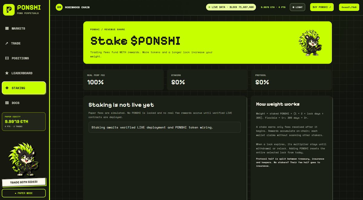 PonshiPerps's tweet photo. Open. Trade. Close. 

Ponshi charges fees based on your position size (notional). Holding can add a borrow fee.

When staking goes LIVE: 50% of protocol fees go to $PONSHI stakers. More tokens + longer lock = more weight in the rewards pool.

No magic APY. Rewards depend on real platform fees. Paper fees are just practice; real rewards aren’t live yet.