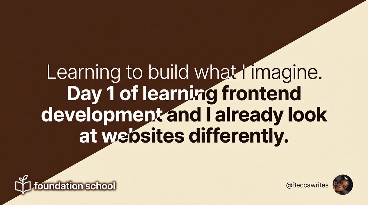 giftedbecca's tweet photo. Day 1 of learning frontend development and I already look at websites differently.

Today was mostly setup, but I actually learned more than I expected.

I’m learning how frontend development turns a design into an actual web experience.

HTML gives the page structure.
CSS makes it look the way it does.
JavaScript makes a static page interactive.

But before getting into all that, I had to understand the tools I’ll be using.

And Chrome surprised me a little.