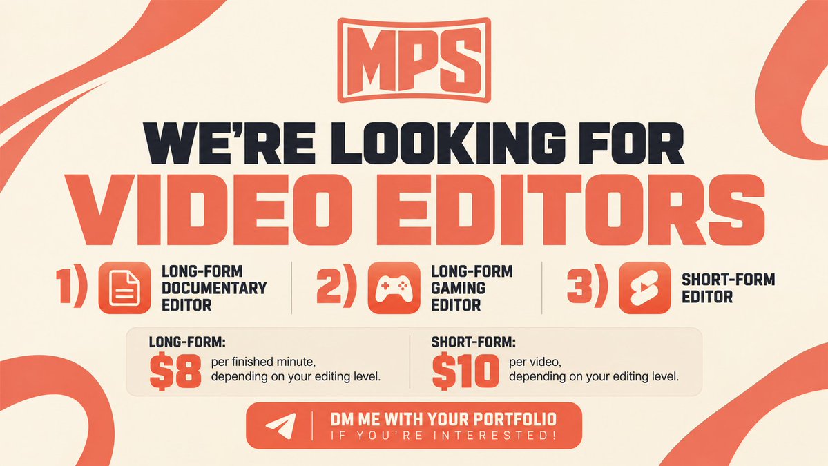 MPSundicEditing's tweet photo. What's up video editors!

We're building a video editing team and looking for 3 editors. When we have a project that fits your style, we'll send it your way.

Usual rates:
Long-form: around $8 per finished minute, depending on your editing level
Short-form: around $10 per video, also depending on your editing level

We're looking for:
 1) Long-form documentary editor
 2) Long-form gaming editor
 3) Short-form editor
DM me with your portfolio if you're interested!