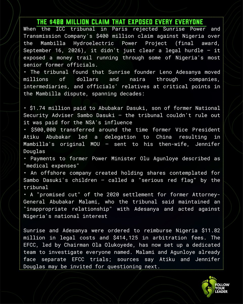 FYL_NG's tweet photo. TORCHLIGHT THURSDAYS
ICC rejected Sunrise Power's $400M claim over Mambilla Hydro, and exposed a money trail: $1.74M to a former NSA's son, payments to a former VP's ex-wife, "medical expenses" for a former minister, a promised cut for a former AGF.
EFCC has now launched a probe. https://t.co/DWiNgQ4QaJ