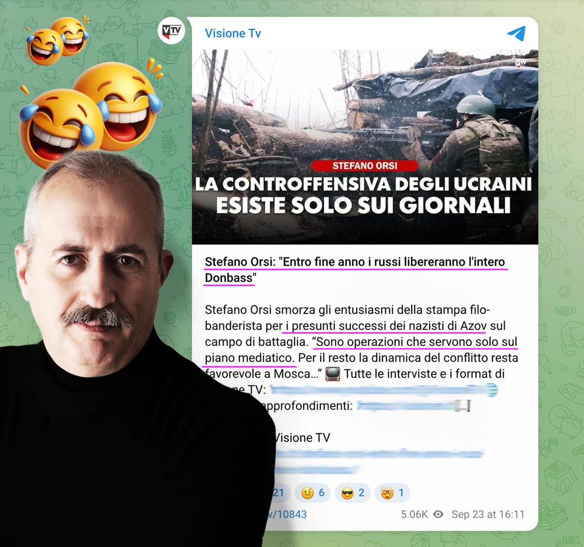 OpachiAndrea's tweet photo. L’arte di vendere balle filo-putiniane spacciandole per “analisi”. La controffensiva? Esiste solo sui giornali. E l'intero Donbas? Sarà russo entro fine anno!🤓
Su Allucinazione TV la servitù mediatica del Cremlino supera in ridicolo persino i mil-blogger russi. Pagliacci veri!🤡 https://t.co/0OnFPnfrID