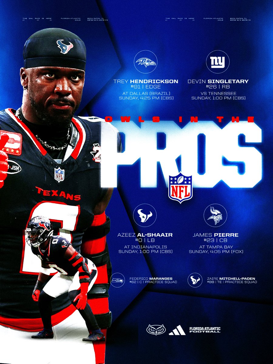 FAUFootball's tweet photo. Week 3️⃣ Owls in the Pros! @NFL 

📰https://t.co/QDnBqTU1rR

#WIP🏝️ https://t.co/vyL6S0hZSc