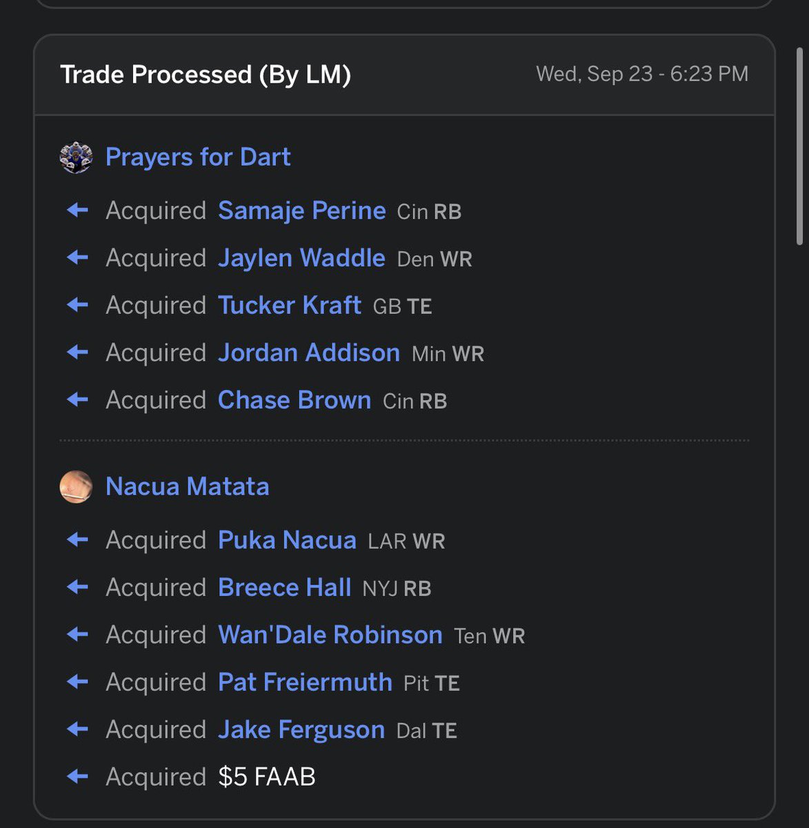 jkaye87x's tweet photo. Had to sell Puka started 0-2 in my 16 man league my flex before the trade was Malachi fields since marv been ass https://t.co/hh55cOEZpd