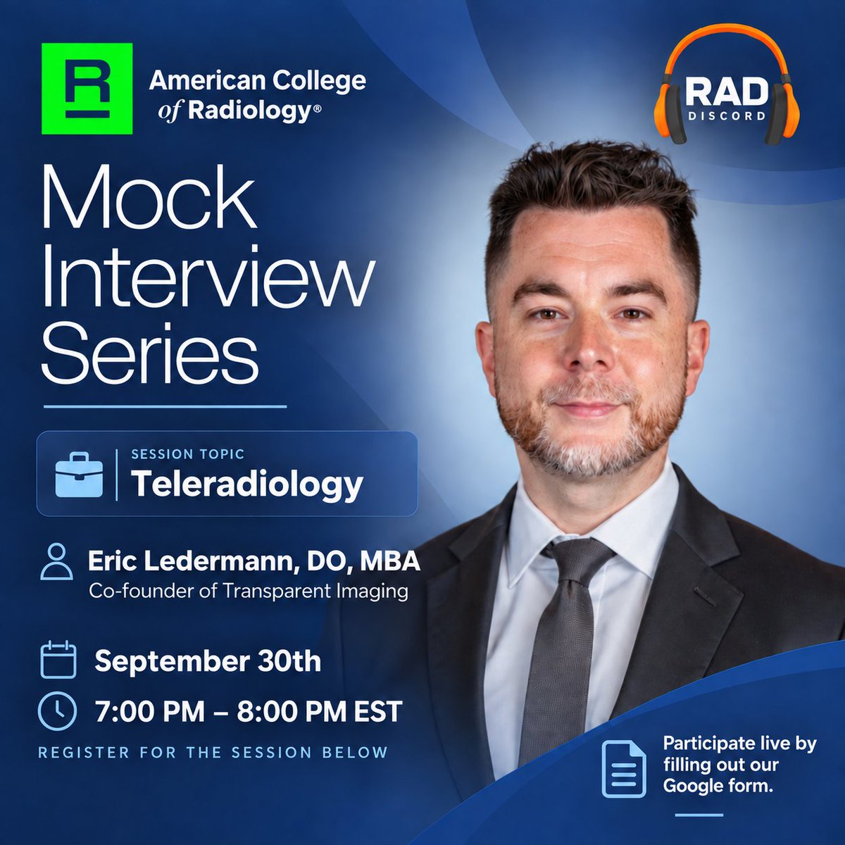 RadDiscord's tweet photo. Our FINAL mock interview is coming up, featuring Dr. Ledermann!

What does a teleradiology job interview actually look like? Find out LIVE Sept. 30 at 7 PM EST with a mock interview + real-time faculty feedback.

Want to be the interviewee? Applications are open!
Apply: https://t.co/0h9FIvKzrV

👀 Don’t miss the final session!
Register here: https://t.co/w6xypiXE52