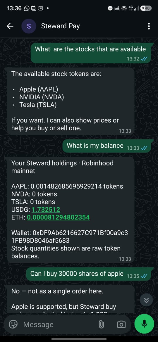 stewardpay's tweet photo. @RobinhoodApp @SteveQuirk_ @Cboe Building Steward 👋  
> Your wallet assistant, inside @WhatsApp
  > Send USDG, check balances, and buy or sell stock tokens on  @RobinhoodApp mainnet, all through chat on WhatsApp.   
  > Powered by @openservai AI

Track 
RohinHood Mainnet and MCP
Track:
Robi https://t.co/oEc2KVBW4E