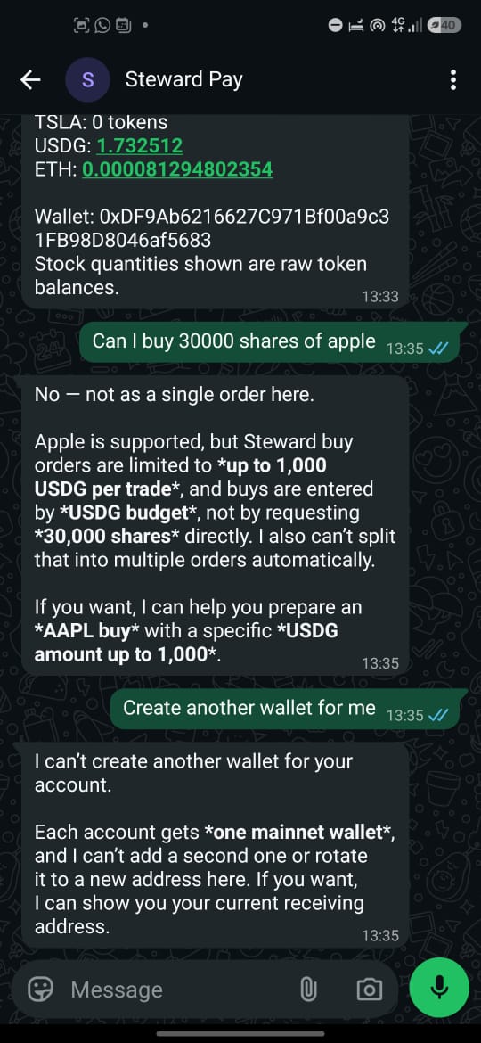 stewardpay's tweet photo. @RobinhoodApp @SteveQuirk_ @Cboe Building Steward 👋  
> Your wallet assistant, inside @WhatsApp
  > Send USDG, check balances, and buy or sell stock tokens on  @RobinhoodApp mainnet, all through chat on WhatsApp.   
  > Powered by @openservai AI

Track 
RohinHood Mainnet and MCP
Track:
Robi https://t.co/oEc2KVBW4E