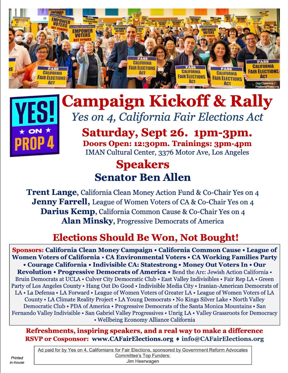 OldSilasWebster's tweet photo. The amount of Money in Politics is outrageous and corrupting our democracy. Join elected officials and supporters of #PROPOSITION 4, the California Fair Elections Act #Saturday, September 26, 2026, from 1 to 3 pm at the IMAN Cultural Center in Los Angeles. https://t.co/gd47LOKe0y