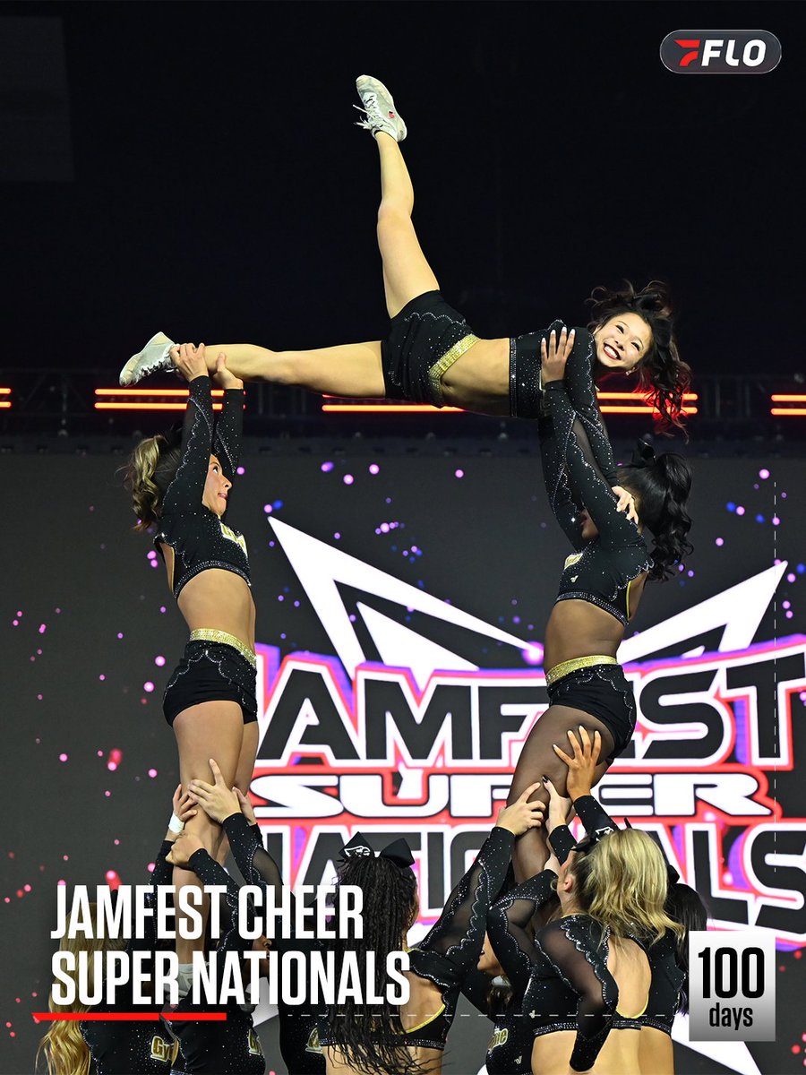 FloCheer's tweet photo. 100 days until the first Super National event of the season!! 🔥 We’re ready for the lights, the energy, the iconic stage, and JAMMY! The countdown to #JAMfest is ON! ⏳🏆 https://t.co/4Ab2iMfMZS