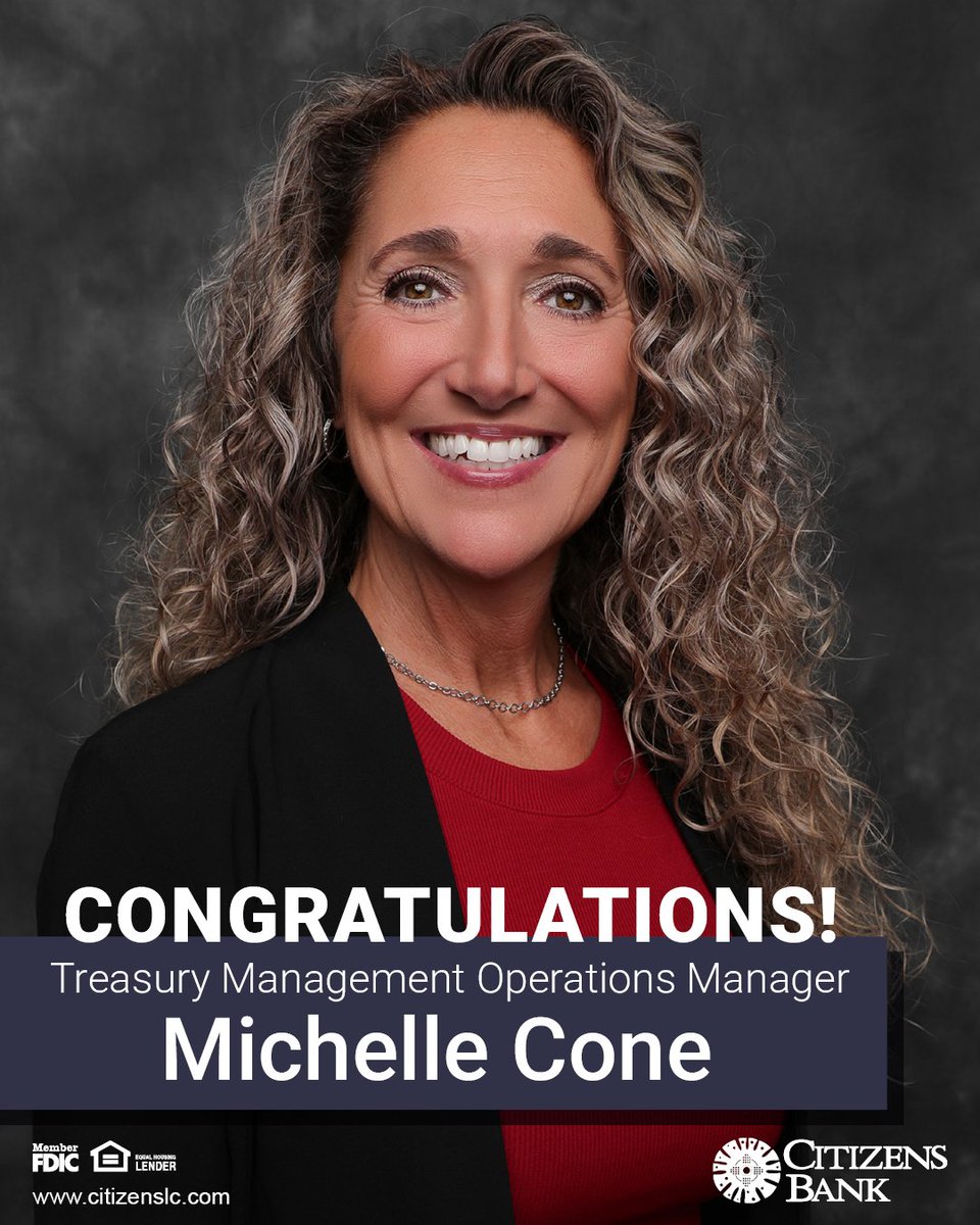 CitizensBankLC's tweet photo. We are excited to recognize Michelle Cone as she assumes the role of Treasury Management Operations Manager, reflecting her significant contributions to building and expanding our Treasury Management capabilities.

Michelle's passion for excellence, strong leadership, and commitment to serving our customers have made a lasting impact across the organization. We are proud to celebrate this milestone and look forward to her continued success in this important role.

Congratulations Michelle! 🎉