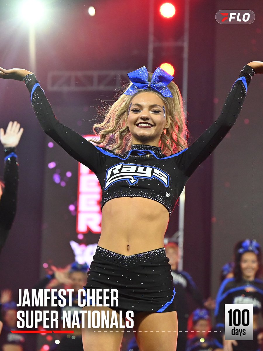 FloCheer's tweet photo. 100 days until the first Super National event of the season!! 🔥 We’re ready for the lights, the energy, the iconic stage, and JAMMY! The countdown to #JAMfest is ON! ⏳🏆 https://t.co/4Ab2iMfMZS
