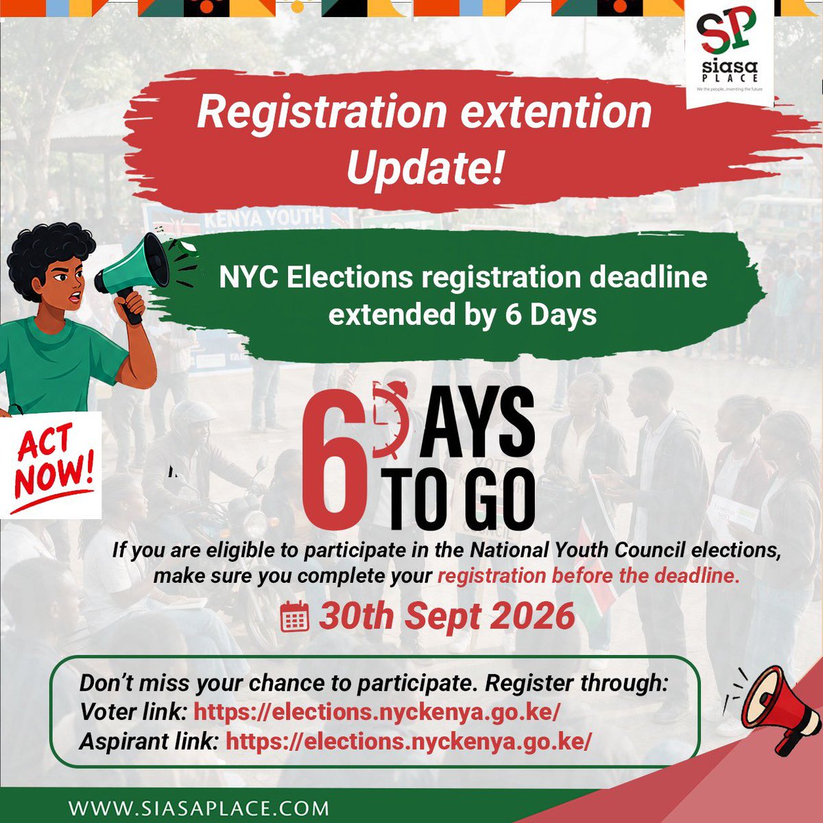 siasaplace's tweet photo. Good news comrade!!!

There is an extension of 6 days…..ensure you register to vote and even vie to be a representative of the youth.

Visit https://t.co/kMAo4xIuqs or dial *320# to participate.
#NYC2026

@NYC_YouthVoice https://t.co/cZMMGDIup2
