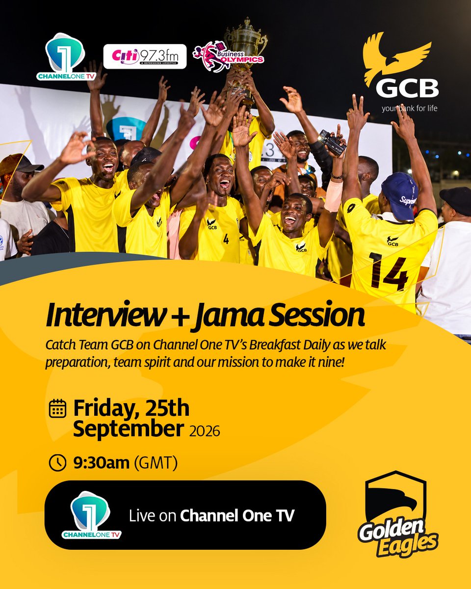 GCBBankPLC's tweet photo. Catch the GCB Golden Eagles live on Channel One TV tomorrow as we talk about preparation, team spirit and the drive to DEFEND THE TITLE & MAKE IT NINE! 🦅🔥 Plus, a special Jama Session!
8 STRAIGHT. HUNGRY FOR 9. 🏆
#GCBBank #GoldenEagles #TeamGCB #GCBCares #YourBank4Life https://t.co/e3C4bVoYsp
