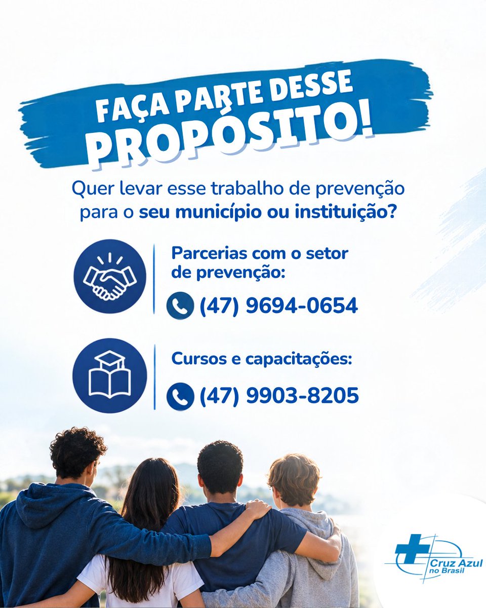 CruzAzul_BR's tweet photo. Quer levar esse trabalho de prevenção para o seu município ou instituição?

📞 Parcerias com o setor de prevenção:
(47) 9694-0654

📚 Quer se capacitar na área da prevenção e transformar vidas?

📞 Cursos e capacitações:
(47) 9903-8205

Juntos, podemos ampliar o alcance da prevenção e contribuir para que mais pessoas tenham acesso à informação, ao cuidado e a ferramentas para fazer escolhas que valorizam a vida.

Cruz Azul no Brasil
Para a VIDA, sem drogas!

#CruzAzulNoBrasil #Prevenção #PrevençãoÀsDrogas #PrevençãoNasEscolas #Educação #HabilidadesParaAVida #Escolhas #Cuidado #Juventude #ParaAVidaSemDrogas